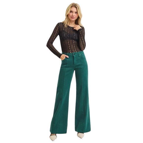 Risen Jeans Denim - Hunter Green Tummy Control Mid Rise Wide Leg Jeans Pin Tuck Denim